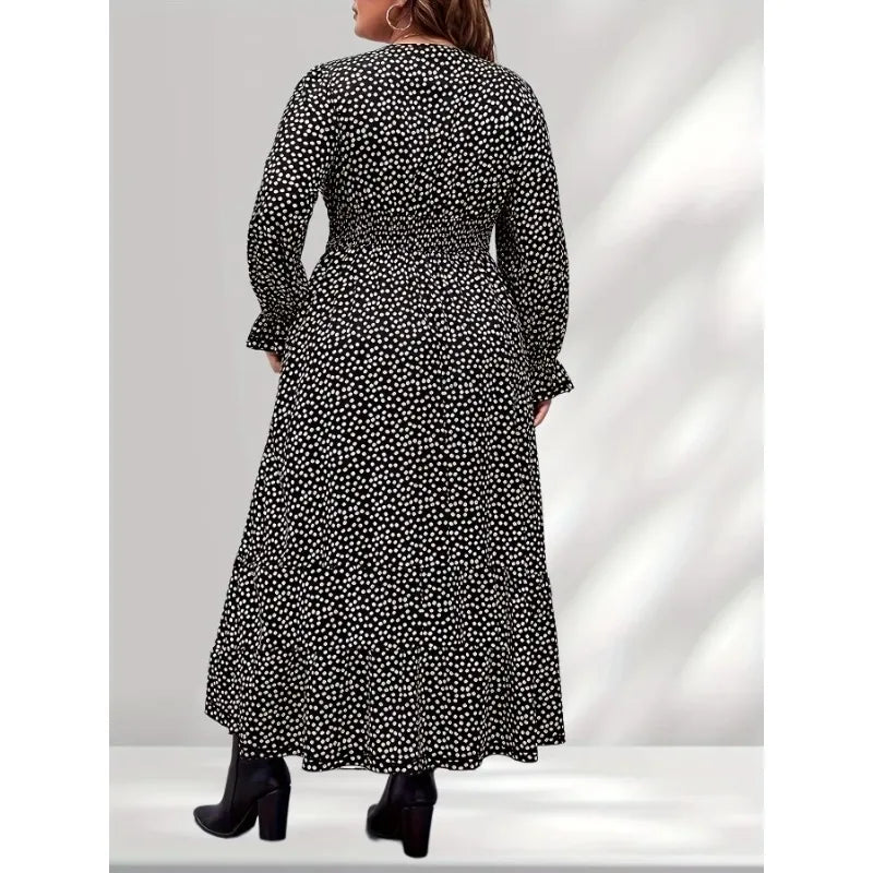 Plus Size 1XL-5XL Women's  Fashion New Polka Dot Print Long Sleeve Dresses Elegant Casual V-Neck Dress