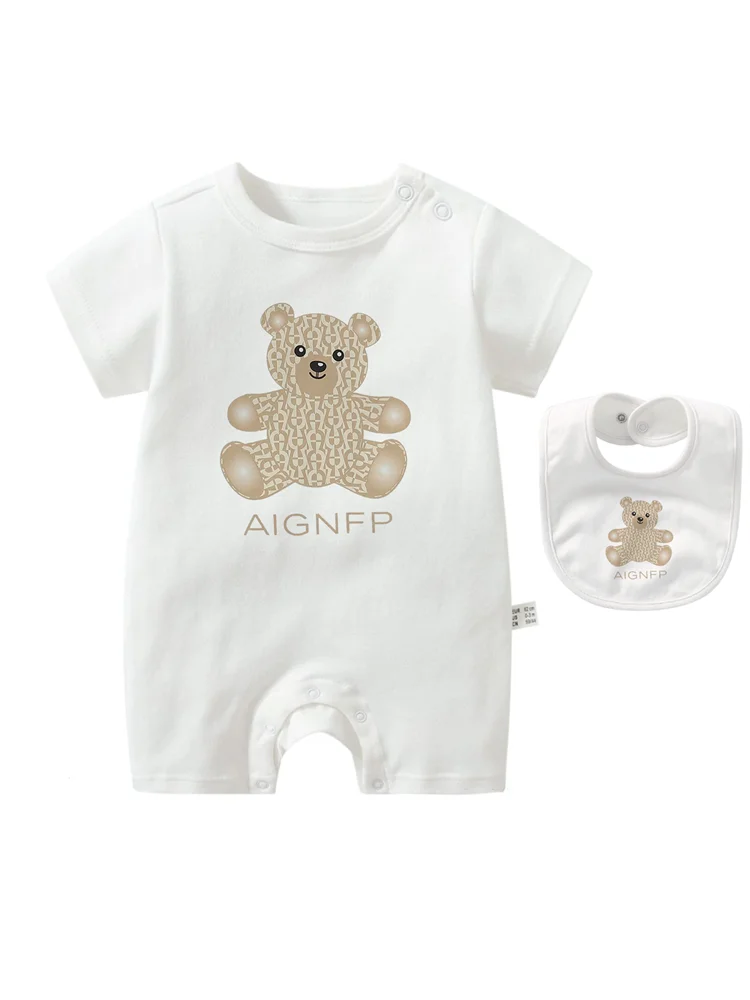 Cute Bear Romper Newborns Clothes 2025 Summer Hot Sale New Toddler Boys Jumpsuit %100 Cotton Soft Bib scarf 2Pcs Set Baby Romper