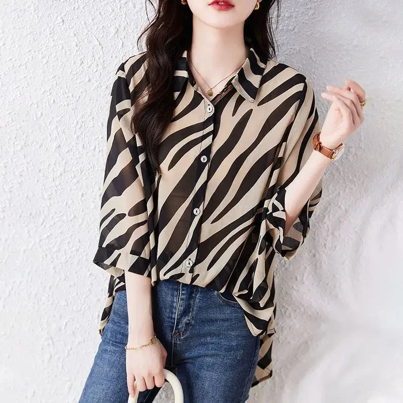 Summer Chiffon Shirt Three-quarters Sleeve Striped Retro Blouse Women Sunwear for Women Zebra Print Loose Shirt Large Size Tops