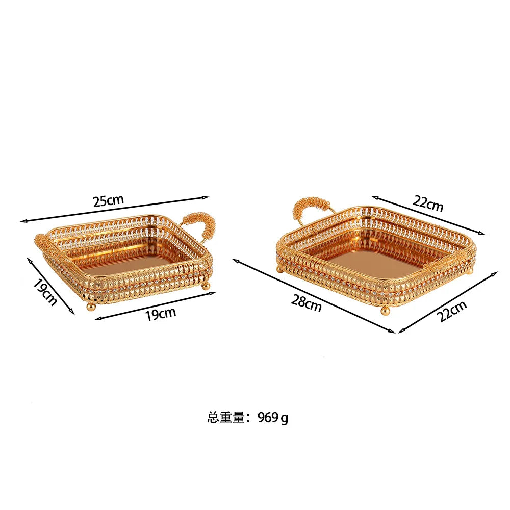 2Pcs European high-end tray gold hollow hotel household fruit plate wrought iron size set snack storage basket