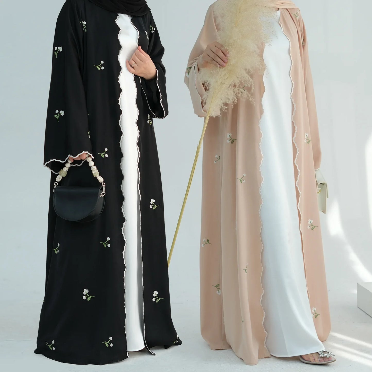 Long Sleeved Open Wavy Abaya For Women Embroidery Flower Kimono Cardigan Dubai Muslim Loose Burqa Islamic Dress Robe Kaftan
