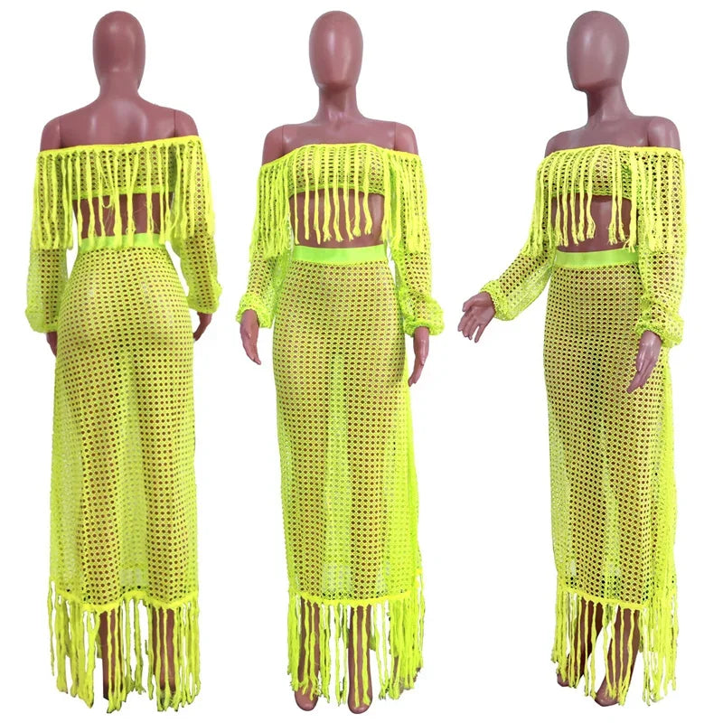 Fringed Tassel 2 Piece Sets Women Outfit Beach Wear Vacation Knitted Crochet Hollow Out See Through Crop Top and Long Skirt Sets