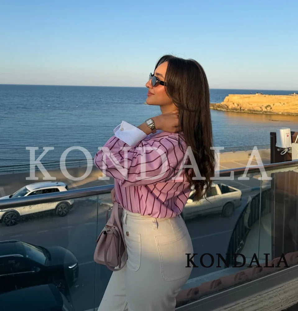 KONDALA Casual Stripes Pink Shirts Women's Trendy Vacation Buttons Lapel Shirts New 2026 Spring Summer Fashion High Street Shirt