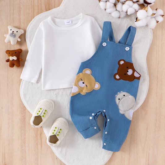 Citgeett Autumn Infant Baby Boys Girls Outfit Long Sleeve T-shirt Embroidery Animals Overall Pants Fall Outfit Clothing Set