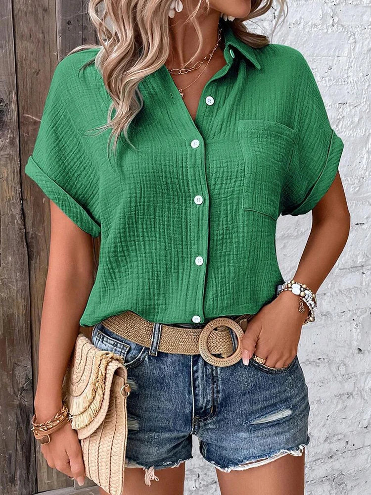 Women Casual Cotton Blouse Vintage Summer Short Sleeve Slim Shirt Elegant Turn Down Collar Solid Tunics Harajuku Streetwear Tops