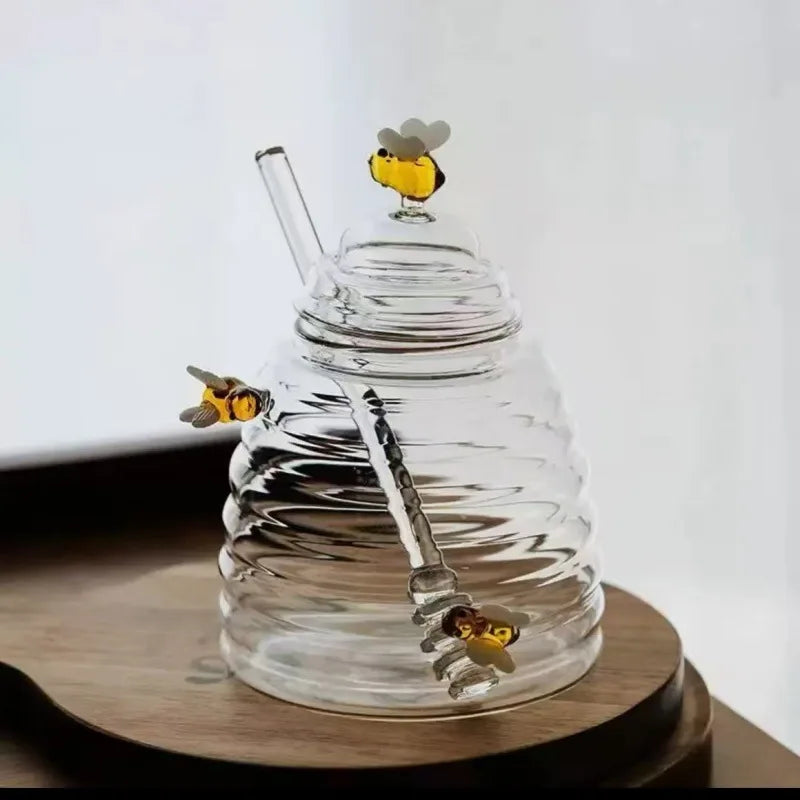 Honeycomb Design Bee Glass Honey Jar with Lid Dipper Stick Creative Kitchen Storage Container for Home Dining Table Decor