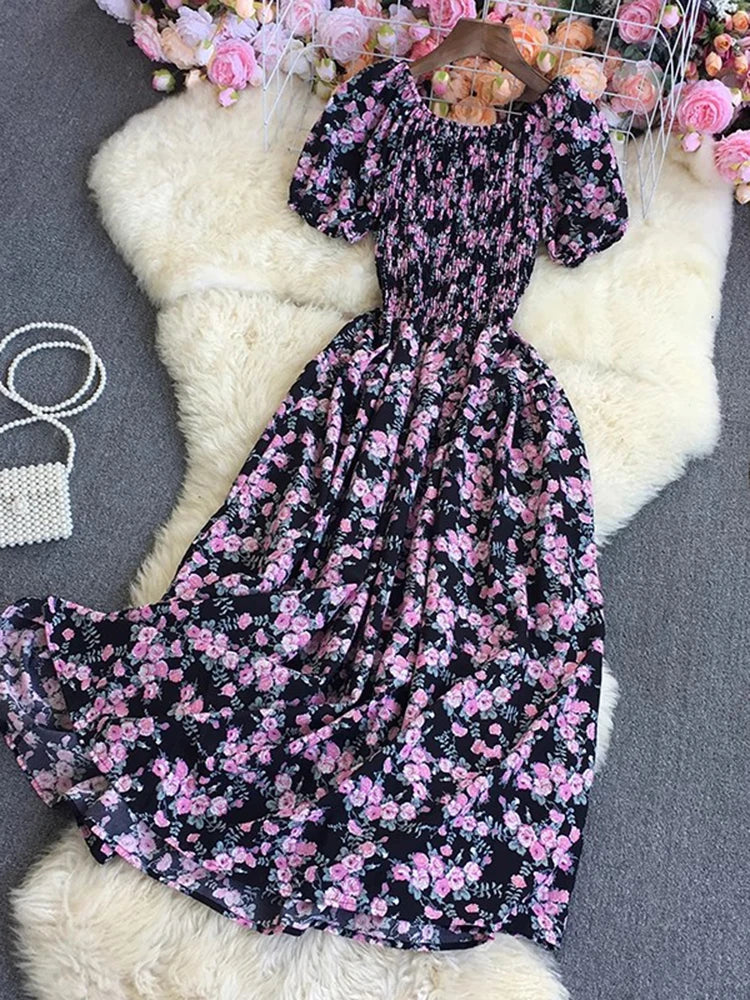 Beach Vacation Floral Print Dress Women Puff Sleeve Square Collar High Waist Dresses Korean Fashion Party Long Dress