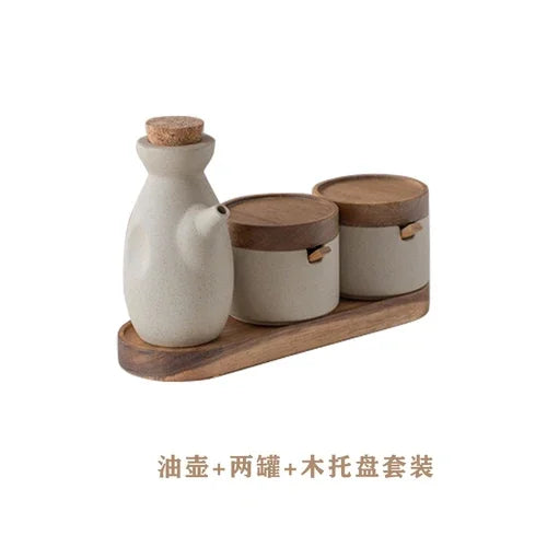 Vintage Ceramic Seasoning Jar Japanese Style Home Kitchen Salt Chili Sugar Jar Oil Pot Wooden Lid Spice Kitchen Utensils Modern