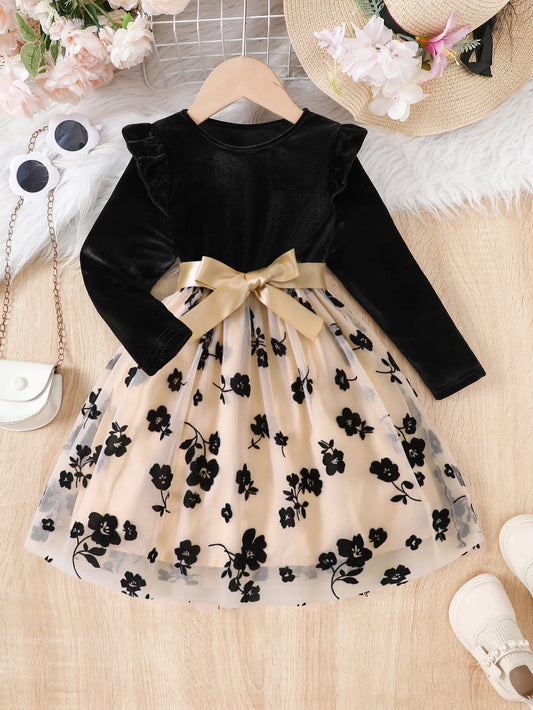Girls Casual Long Sleeve Velvet Flying Sleeve Ruffled Flower Flocked Mesh Dress Princess Dress Holiday Party Gift with Ribbon