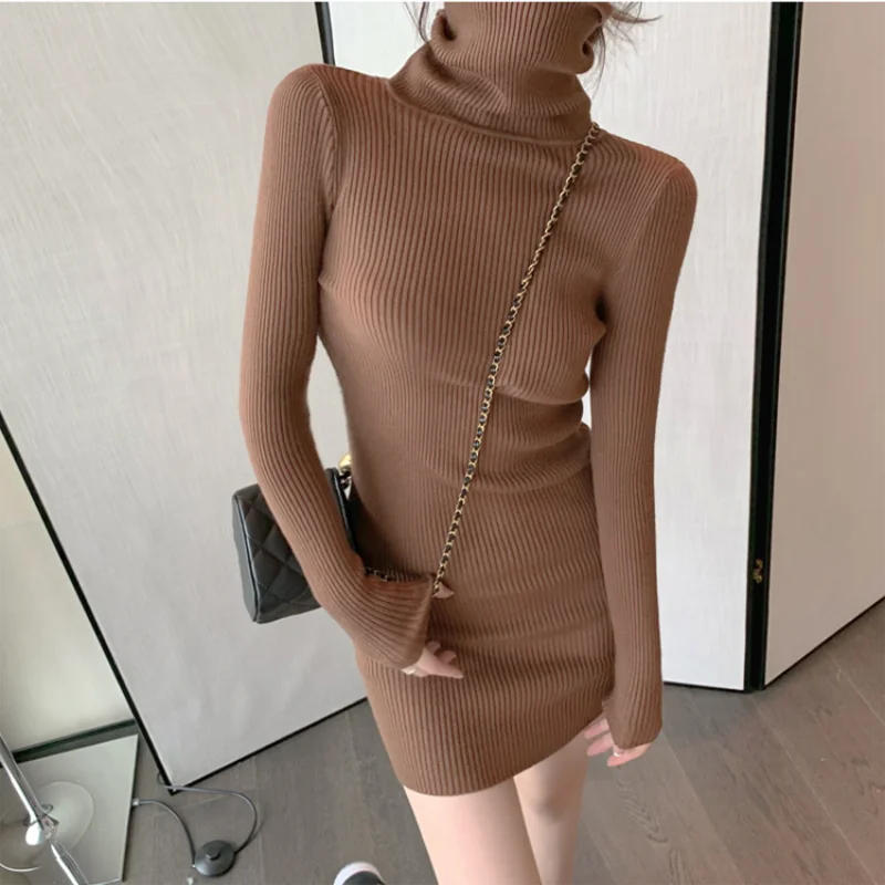 Women Autumn Winter Turtleneck Warm Bodycon Dress Long Sleeve Knit Solid Office Pullover Sexy Mini Dress for Ladies 2025