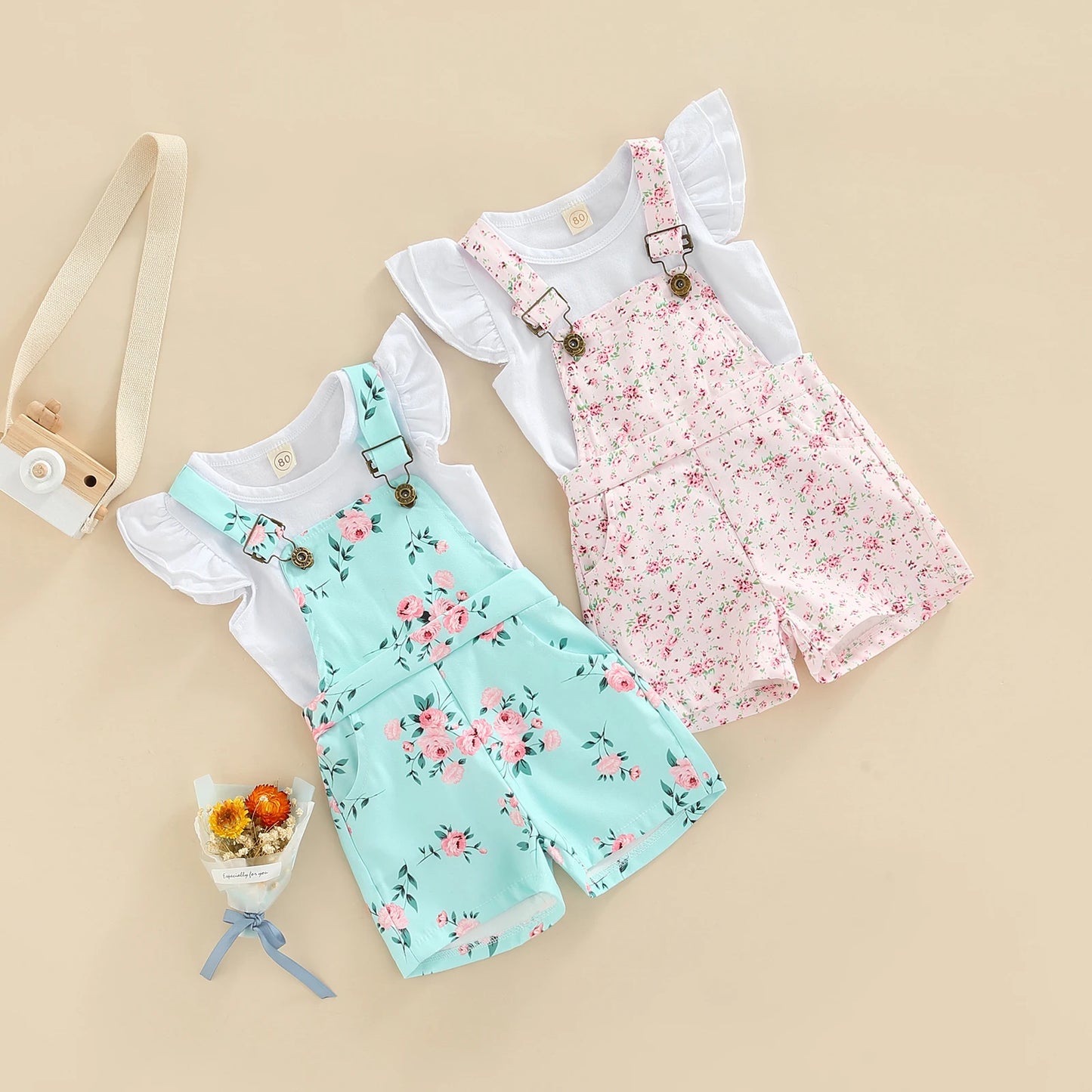 Little Infant Kid Girl 2PCS Pants Set Fly Sleeve Plain O-Neck T-Shirt, Floral Patterns Copper Buttons Suspender Short Pants 1-5T