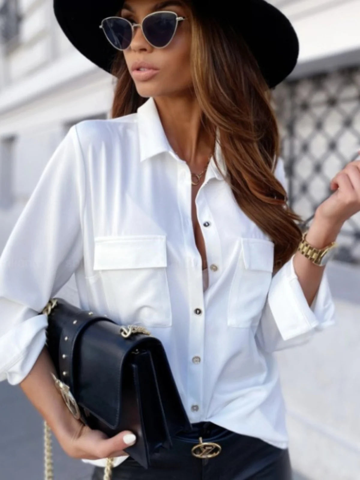 Spring Autumn Fashion Street Style Women's Shirt Single Button White Sleeveless Base Layer Top Polyester Fiber Loose Fit