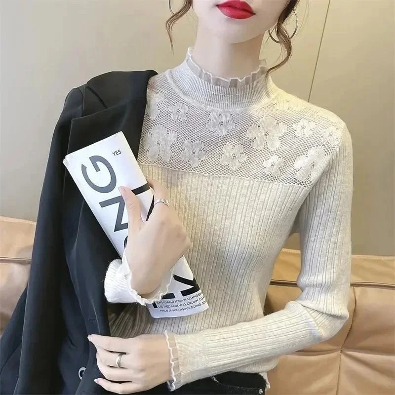 Slimming Knitted Sweater Long Sleeve Pure Color Belted Waist Design Fashionable Anti-Aging Large Size Women's Clothing