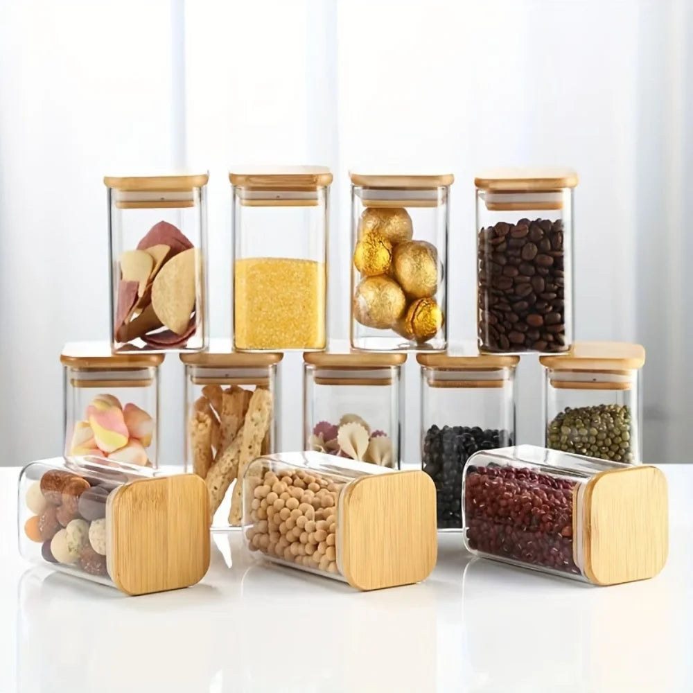 1/4/6/8/12Pcs - Square Food Storage Containers, Kitchen Spice Glass Jars, Transparent Glass Jar Set, Square Wide-Mouth Glass Storage Containers, Glass Airtight Jars, Coffee Bean Storage Containers, for Kitchen Spices, Grains,