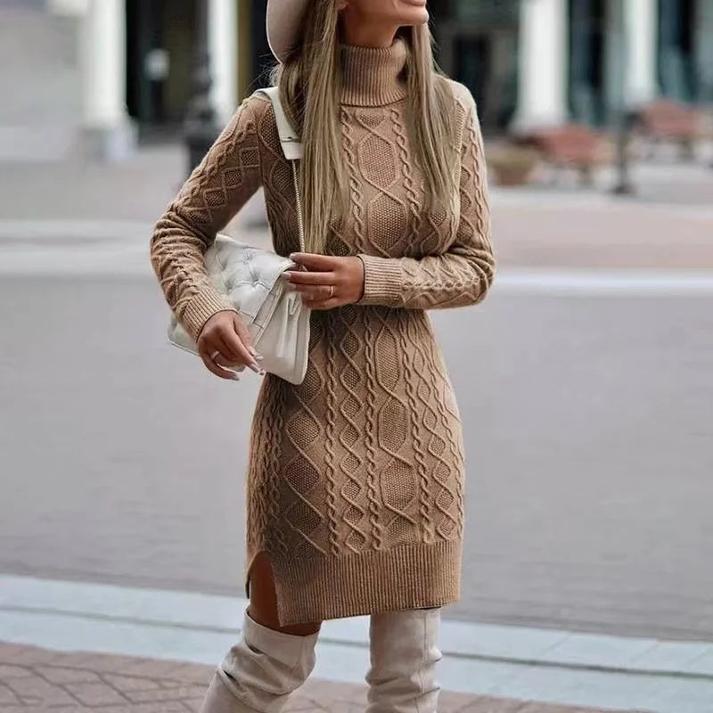 2026Autumn Winter New Women's Knitted Wrap Hip Skirt High Neck Warm and Thickened Elegant Knitted Sweater Long Sleeve Dress