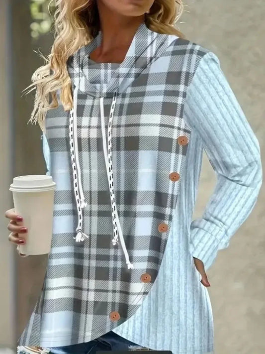 Plus Size 1XL-5XL Women Casual Hoodie Sweatshirt Pullover Long Sleeve Drawstring HoodieWomen's Colorblock Plaid Print