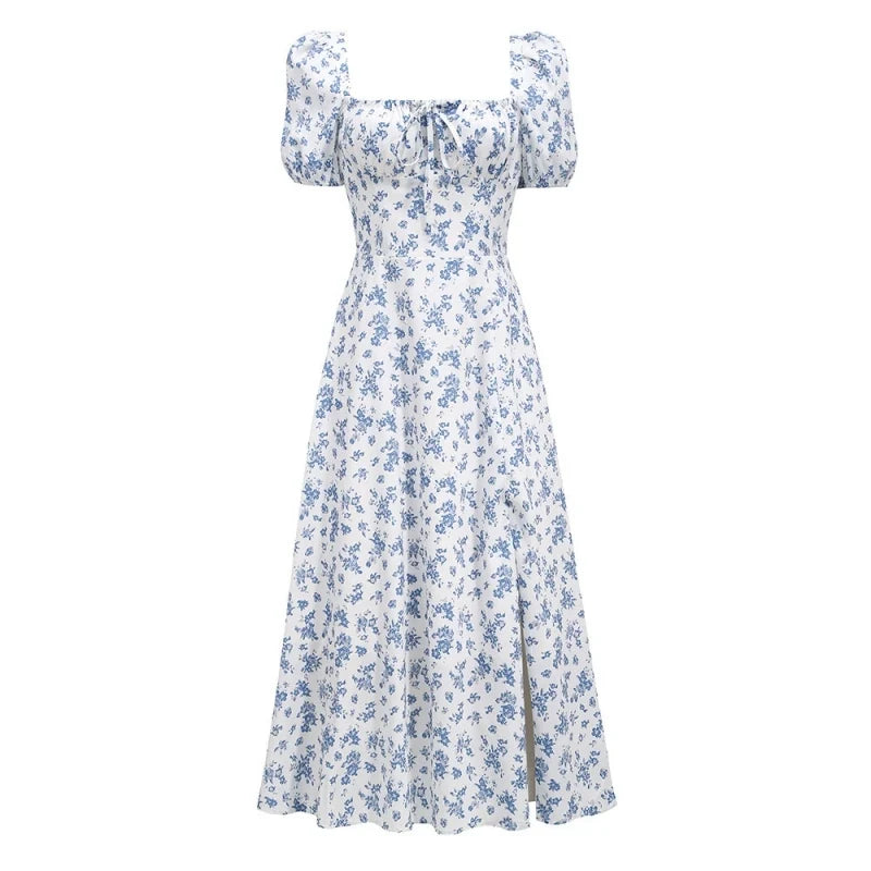 2025 Summer Sweet Ruffle Dress Vintage Floral Printed Dressess for Women French Elegant Square Collar Backless Dress 20472