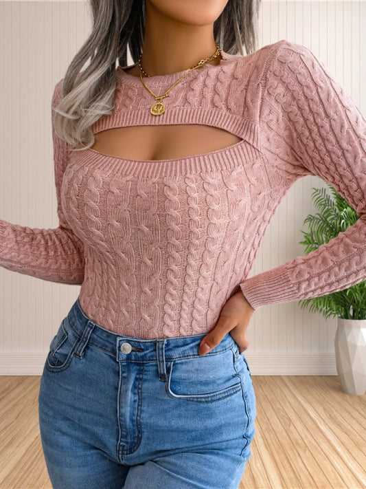 Womens' Fall Winter Cut Out Front Cable Knit Long Sleeve Crop Sweater