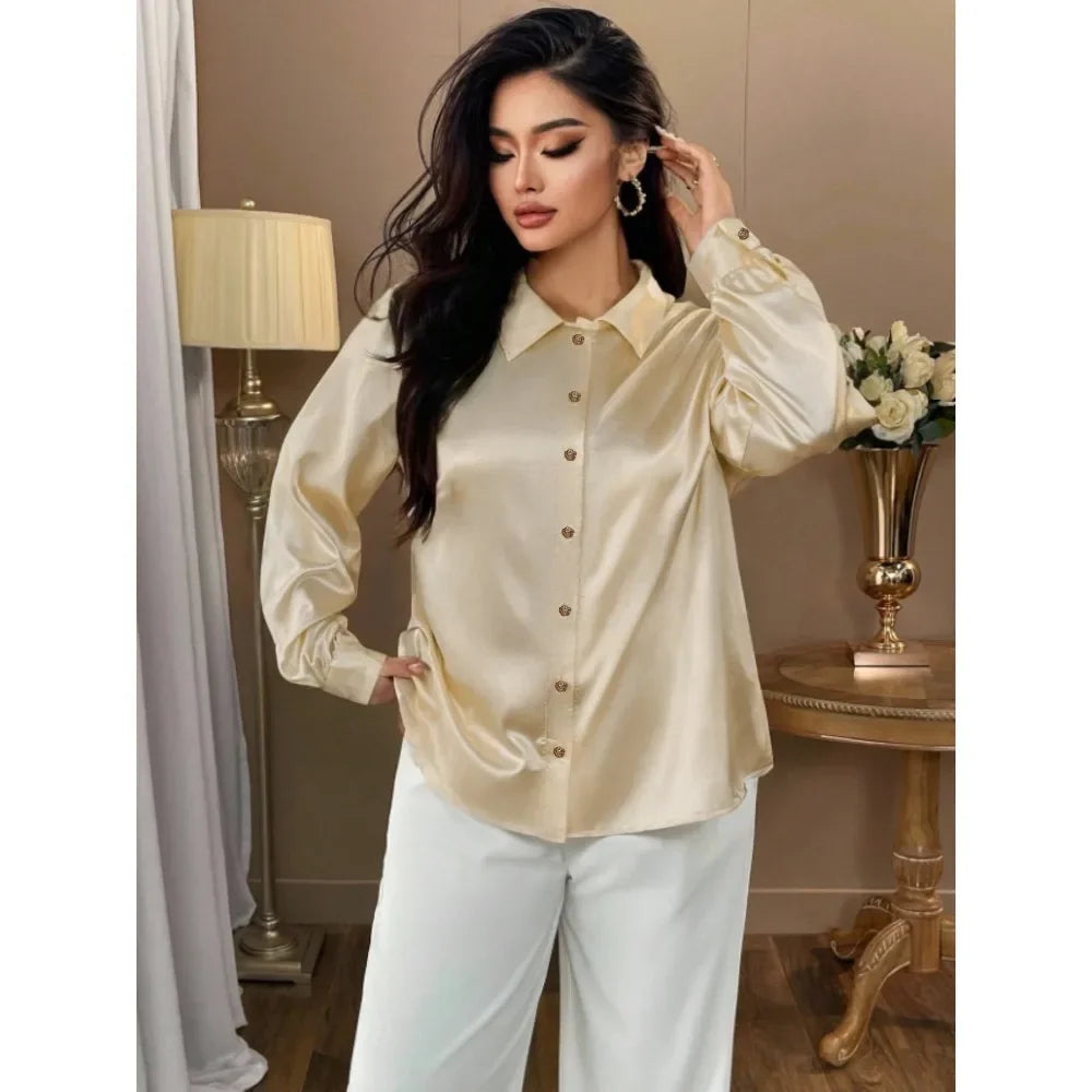 2025 Plus Size Satin Blouse: Solid Color Shirt with Unique Rose Buttons & Fluid Draping for Office Commute, Casual Gatherings