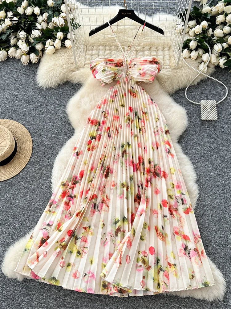 SINGREINY Floral Print Pleated Long Dress Strapless Halter Backless Hollow Out Women Gentle Vacation Beach Party A Line Sundress