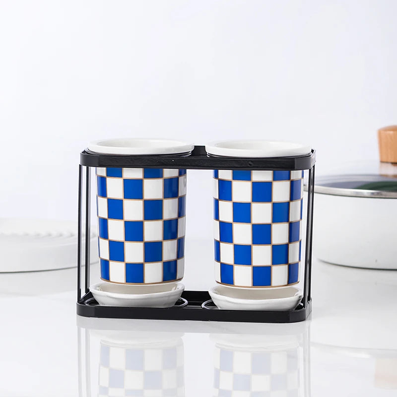 Checkerboard Ceramic Chopsticks Holder Drain Rack Chopsticks Basket Chopsticks Box Cutlery Box Storage Rack Wall-mounted Shelf