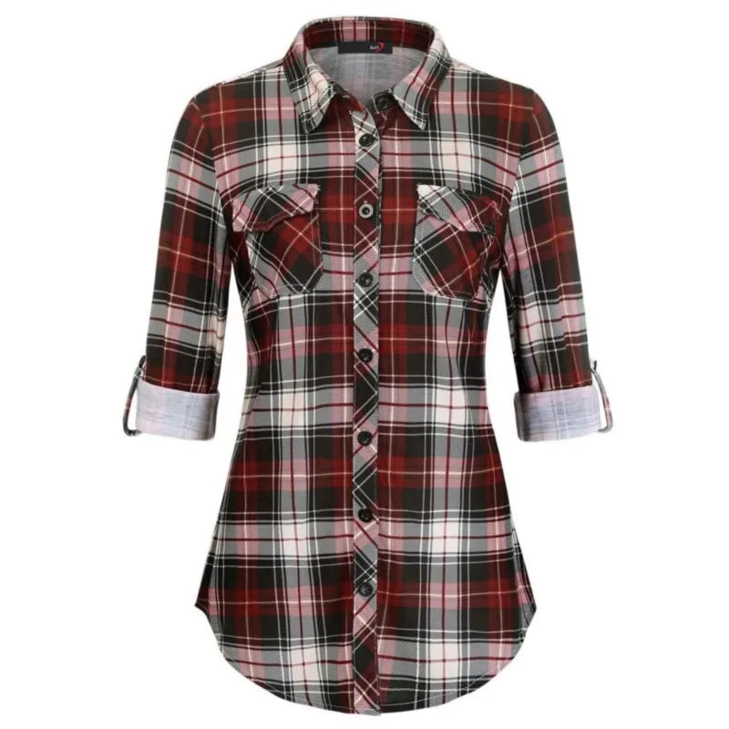 Women's  fashion Casual Plaid Button-Down Shirt