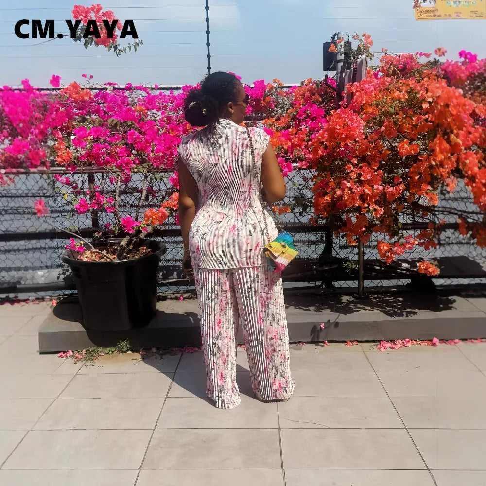 Women Set Floral Print Short Sleeve Pleated T-Shirt + Wide Leg Pants 2025 Street Sexy Two 2Piece Sets Outfits Tracksuit