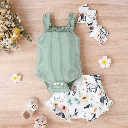 Citgeett Summer Infant Baby Girl Pants Suit Casual Party Off Shoulder Romper Tops + Print Short Pants + HeadBand