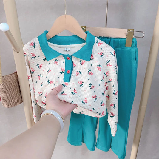 2026 Spring Autumn Green Girls' Clothing Set Cute Floral Lapel Sweatshirt with Flared Pants Two-piece Set Kids Outfits