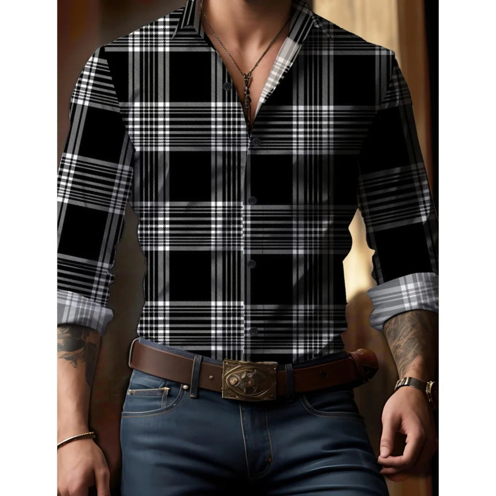 Men's New Spring And Autumn Button Down Shirt Check Print Long Sleeve Luxury Shirt Flip Lapel Oversized Outdoor Street Shot Tops