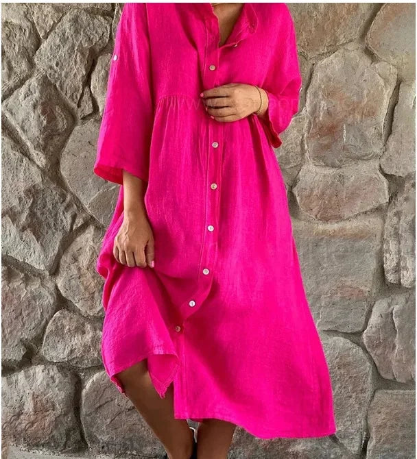 Casual Cotton Linen Long One-piece Pure Color Button-down Women's Dress Cross-border New Style Ankle-length Regular Sleeve