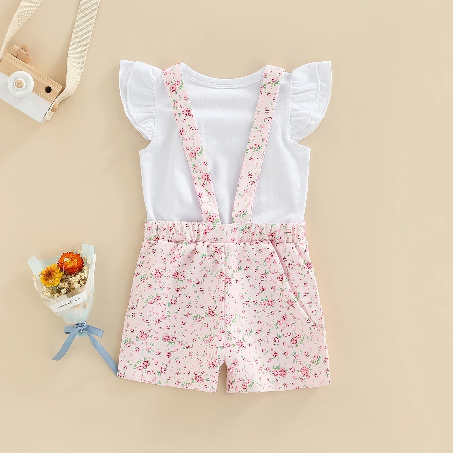 Little Infant Kid Girl 2PCS Pants Set Fly Sleeve Plain O-Neck T-Shirt, Floral Patterns Copper Buttons Suspender Short Pants 1-5T