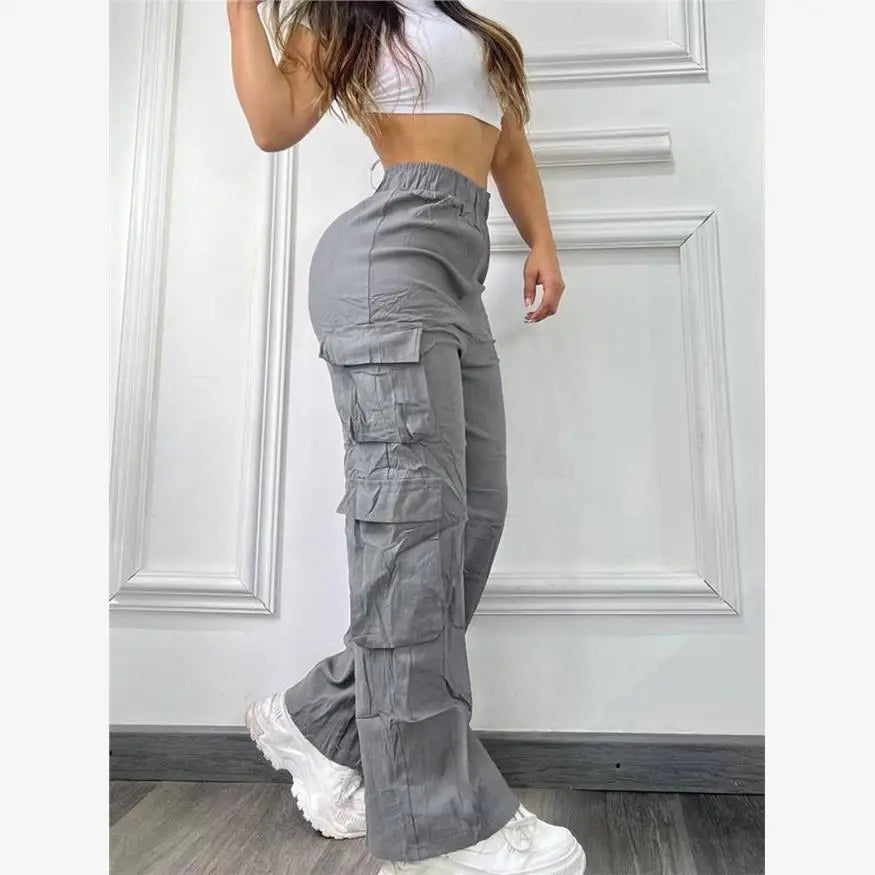 Women's Wide Leg Casual Work Pants Multi ket High Waist PVC Fabric Mid-aged Faion Trend High-waist No Stretch