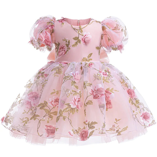 Toddler Pink Rose Dress Baby Girls Tulle Princess Dress For Kids Birthday Party Evening Gown Wedding Baptism 1 2 3 4 5 6 Years