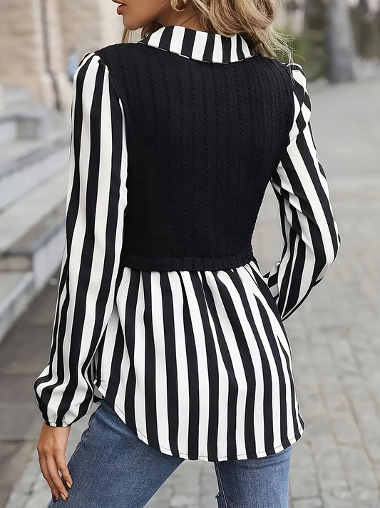 Women Plus Size Striped Blouse  Casual Long Sleeve Lapel Collar Non Stretch Woven Shirt for Summer Black  White Vertical