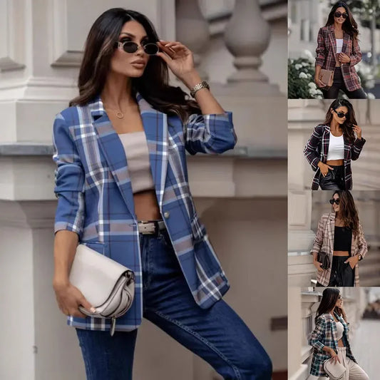 Fashionable Plaid Long Sleeve Single Button Autumn Winter Outerwear Women's Suit Jacket Polyester Fiber No Collar Origin China