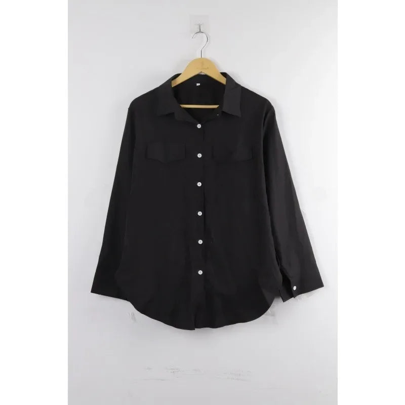 Plus Size 1XL-5XL New Women's Fashion Spring Autumn  Solid Color Blouse Shirt Single Breasted Lapel Split Long Sleeved Shirt