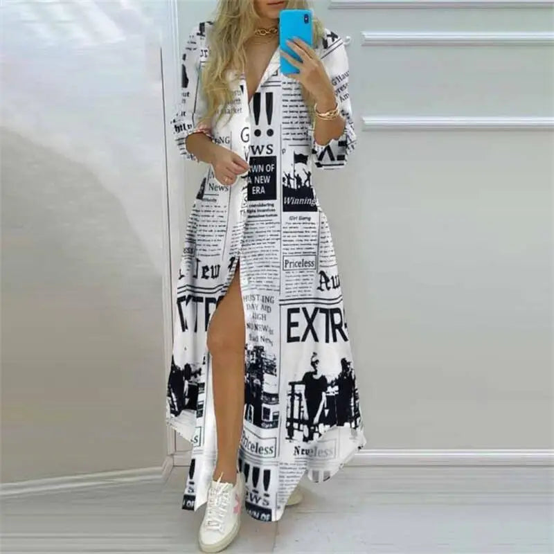 Summer Women Boho Printed Long Shirts Elegant Dress Turn-down Collar Long Sleeve Female Casual Split Shirt Evening Maxi Dresses