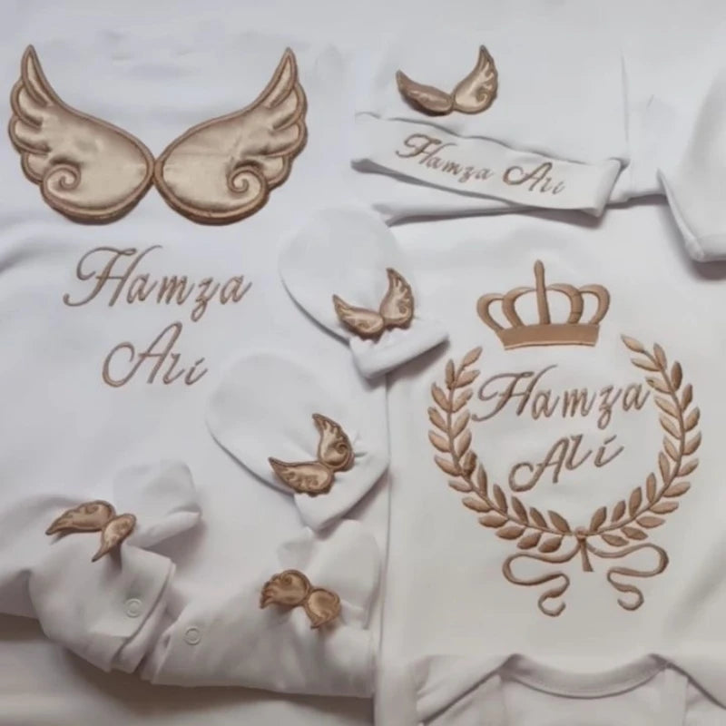 Dollbling Hospital Exit 5pcs Embroidery Name Newborn Angle Wings Romper Blanket  Nursery Bedding Swaddle Handmade Infant Outfit