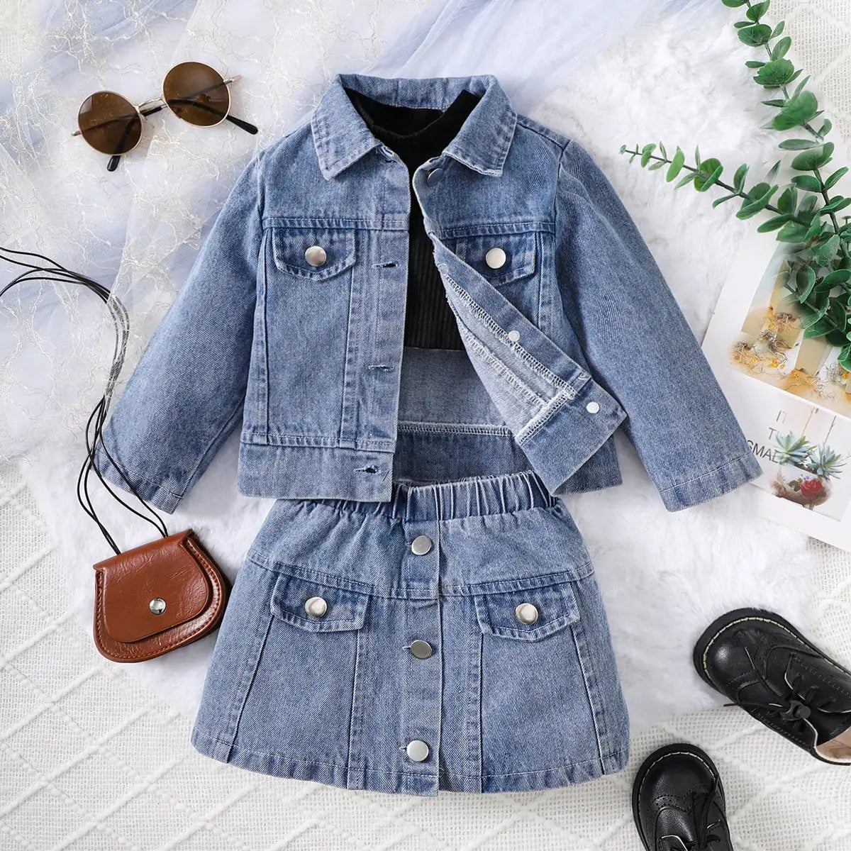 Baby Girl Autumn Trendy Three Piece Denim Jacket Black High Collar Knitted Top Denim Skirt Street Party Set