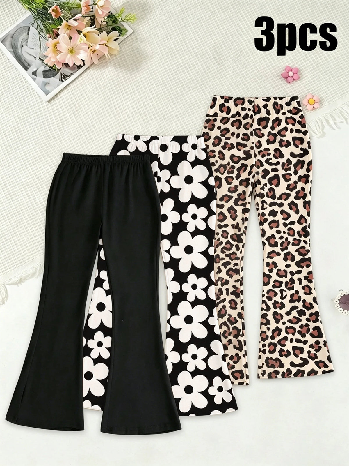 3-Piece Set: Girls' Cute Leopard & Floral Print Flare Pants – Comfortable, Stylish Everyday Wear for Summer and Back-to-School (