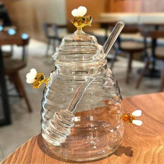 Honeycomb Design Bee Glass Honey Jar with Lid Dipper Stick Creative Kitchen Storage Container for Home Dining Table Decor