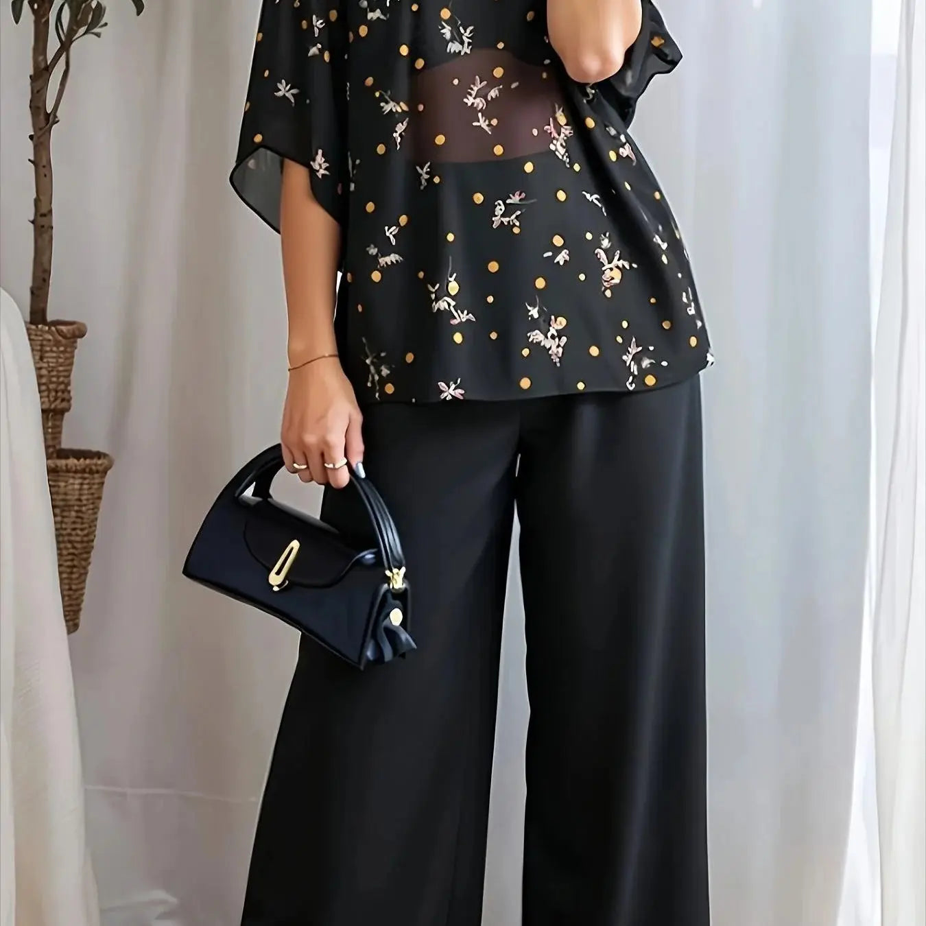 Plus Size Women's Black Floral Dot Batwing Sleeve Top + Wide Leg Pants 2-Piece Set - Elegant Casual Daily Style (0XL-4XL)