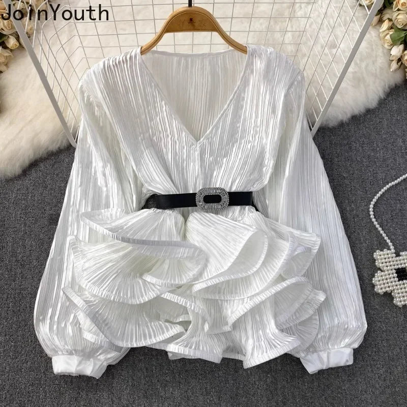 2026 Blusas Mujer De Moda Temperament Blouses Women Lantern Sleeve V-neck Slim Waist Shirts Folds Ruffles Vintage Blouse Tops