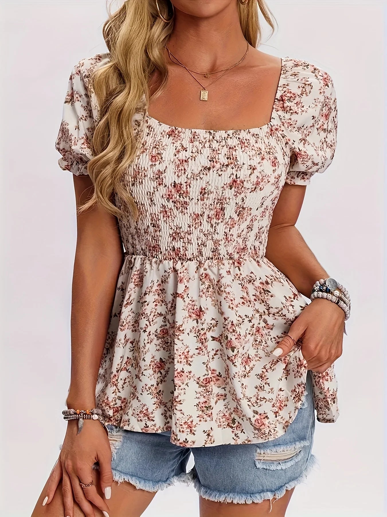 Summer women's casual comfortable square-neck raglan leaf-sleeve floral vacation shirt top