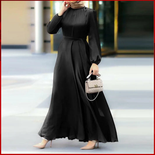 Muslim Daily Casual Solid Color Pullover Patchwork Long Skirt With Mid Waist Round Neck And Long Sleeves Dress