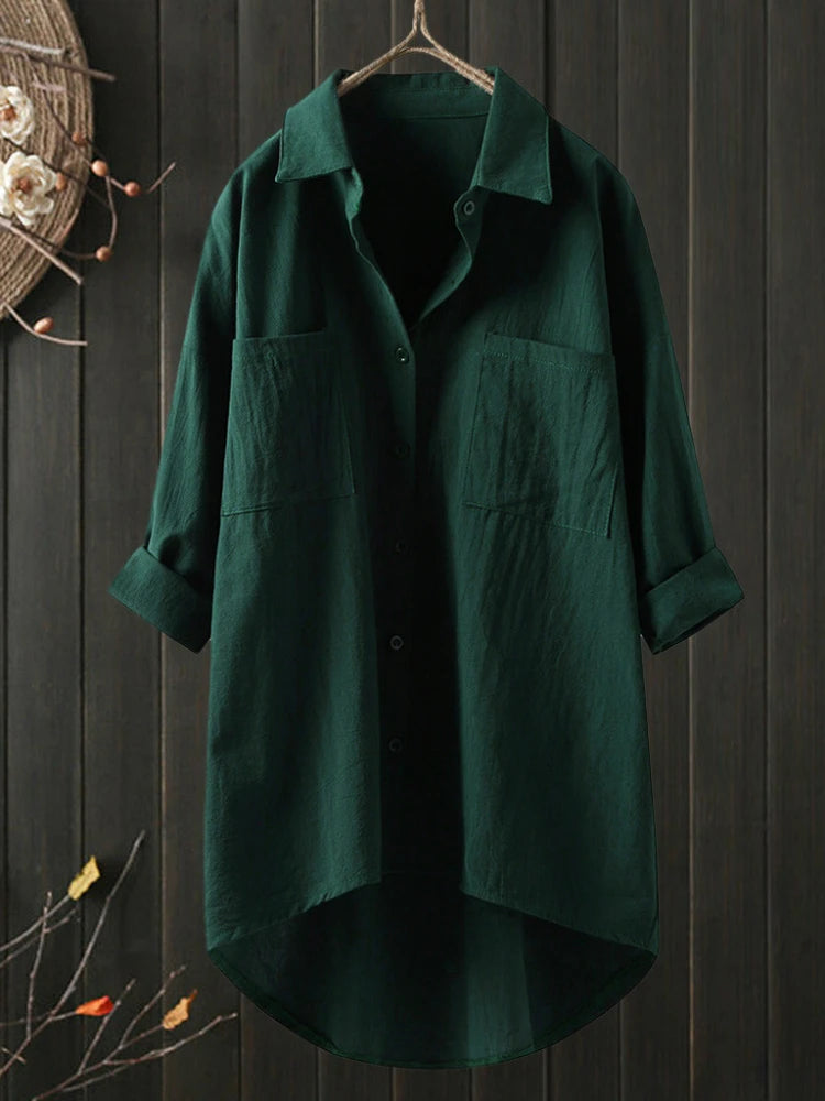 Elegant and Youth Woman Blouses Casual Home Cotton Linen Large Size Single Breasted Commuting Style Long Sleeved Shirt