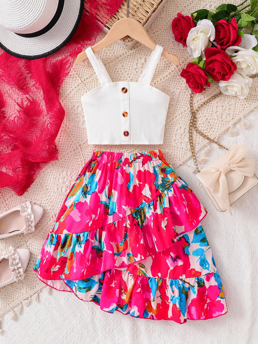 2-Piece Set for Girls, Fashionable Summer Outfit, Solid Color Knitted Button-Up Camisole Short Top + Elastic Waist Floral Print Skirt, Casual and Comfortable Everyday Wear for Girls, Youthful and Versatile Children's Clothing