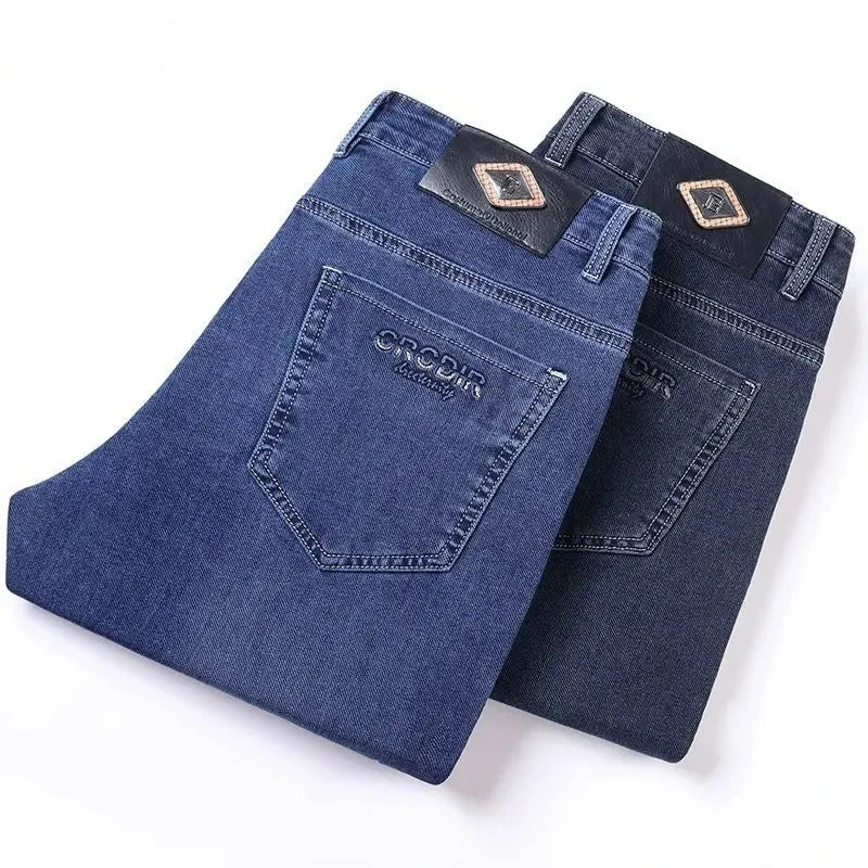 High-quality Autumn Winter Men's Slim Straight-leg Jeans Light Bussiness Casual Fashion Slimming Comfortable Style Male Trousers