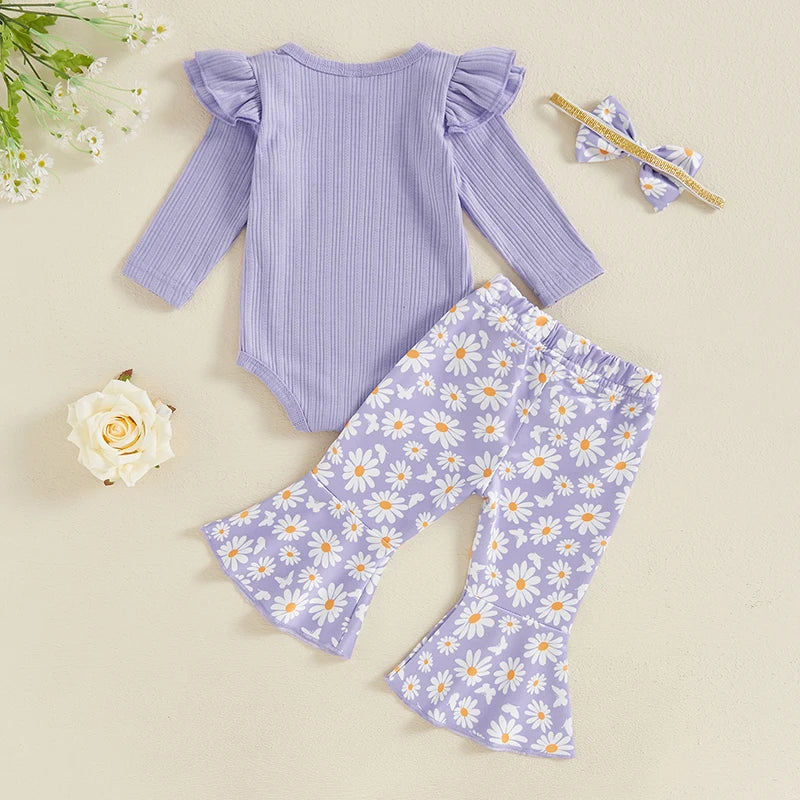 2024-05-23 Lioraitiin Baby Girl 3 Piece Fall Outfit, Long Sleeve Ribbed Romper Daisy Flare Pants Bow Headband